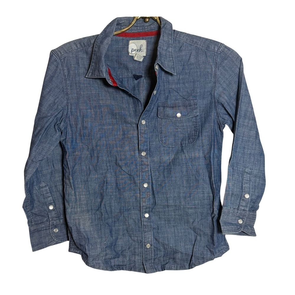 Peek Boys XL 10 Blue Chambray Western Pearl Snap Button Front‎ Long Sleeve Shirt